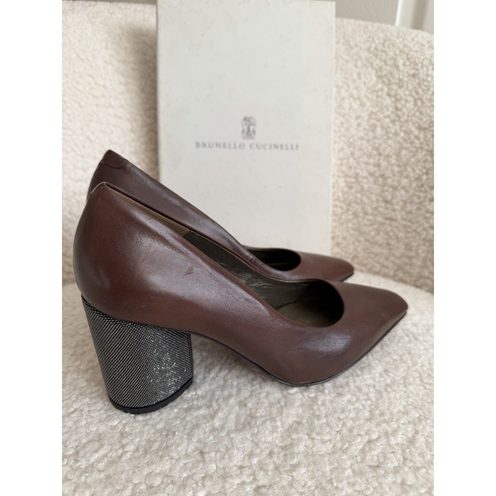 NWT Brunello Cucinelli - Brown Leather And Caviar Beads Block Heel Size 37 - Picture 12 of 12